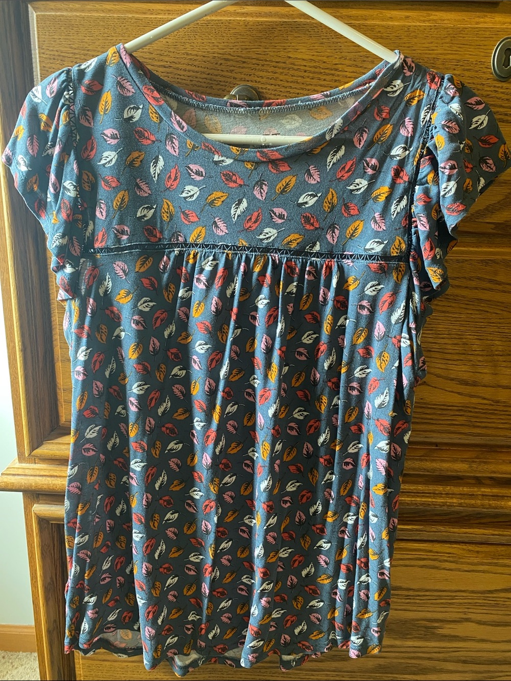 LOFT Navy Leaf Print Short Sleeve Top